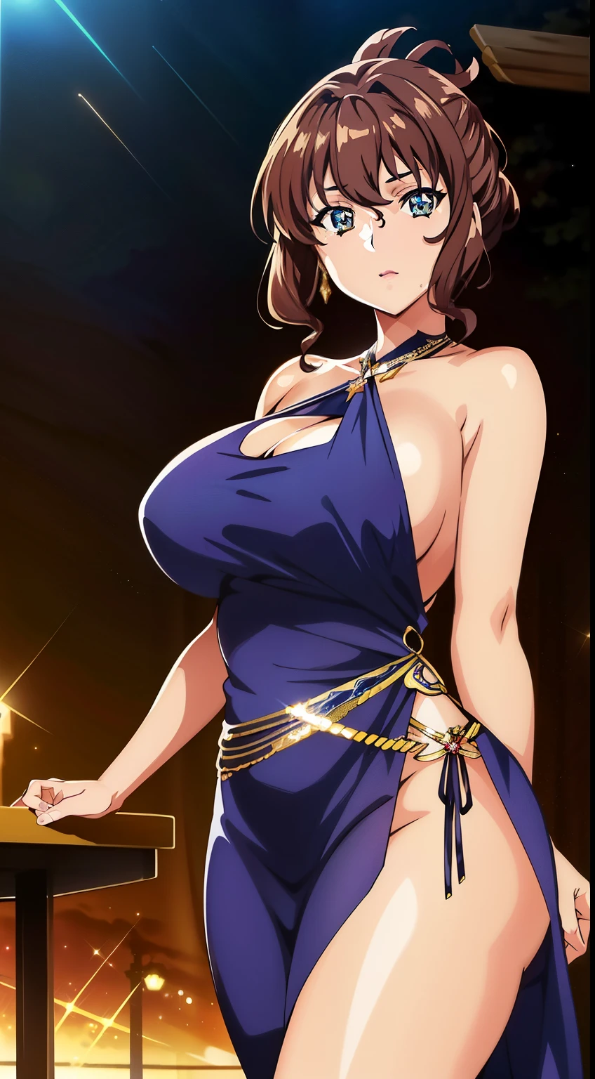 1 girl,alone,Aiko Katsuragi,adult,brown hair,bangs,big breasts,( sparkly dress, shiny dress, thighs),
beautiful Finger,beautiful long legs,beautiful body,beautiful character design, perfect eyes, Perfect face,expressive eyes, looking at the viewer, in the center of the image,cowboy shot,(whole body_body), official art,High Definition CG Unity, Perfect lit, bright_front_face_lit, (table top:1.0),(Highest_quality:1.0),4k,Super detailed, photograph, 8K, nffsw, High resolution, absurd:1.2, kodak portrait 400, film grain, Lens flare, (lively_color:1.2) (beautiful, large breasts:1.4), (beautiful_face:1.5),(narrow_waist),