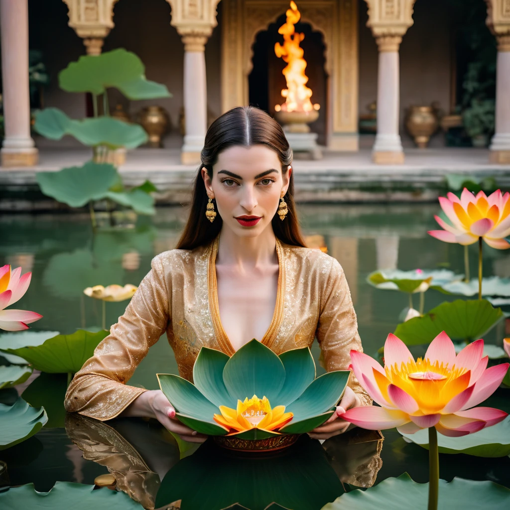 Candid closeup photo of an eccentric traditional gorgeous young beautiful face lotus princess, still from the film, ((solo)), (Anne Hathaway look alike face: 0.9), placing a lotus shaped bowl of fire in water, haute couture, symmetry, colorful palace gardens, river with bowls of fire, summer, pastel colors, Leica SL3, Summicron-SL 75 f/2 ASPH, kodak gold 200 film, dynamic action pose,