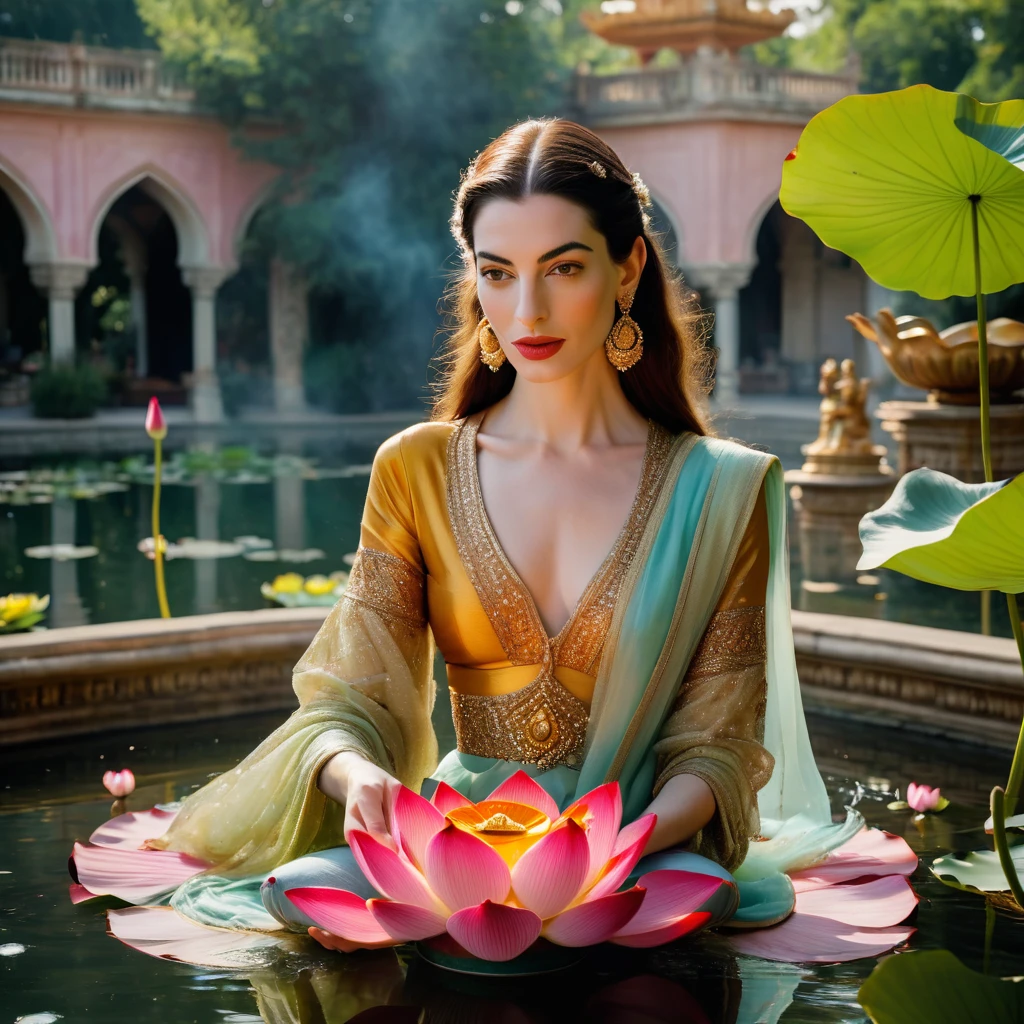Candid closeup photo of an eccentric traditional gorgeous young beautiful face lotus princess, still from the film, ((solo)), (Anne Hathaway look alike face: 0.9), placing a lotus shaped bowl of fire in water, haute couture, symmetry, colorful palace gardens, river with bowls of fire, summer, pastel colors, Leica SL3, Summicron-SL 75 f/2 ASPH, kodak gold 200 film, dynamic action pose,