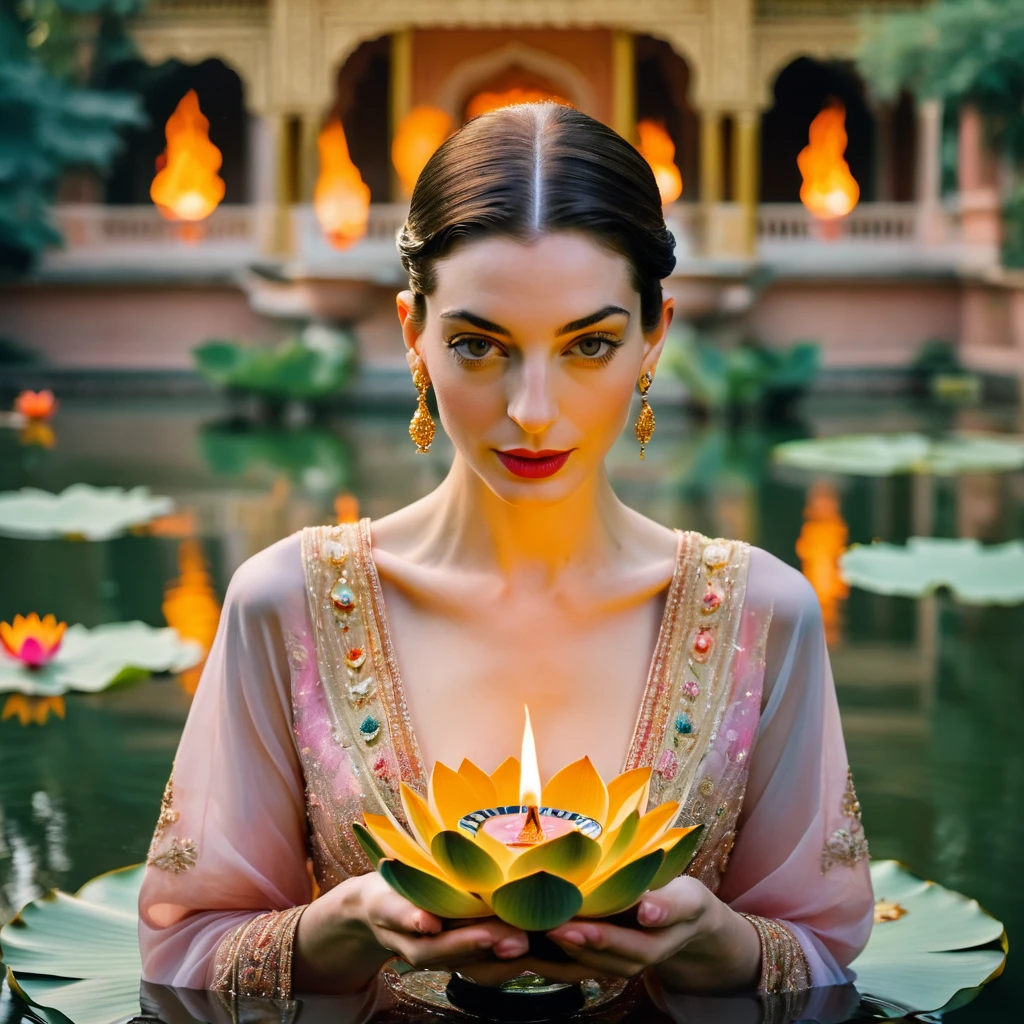 Candid closeup photo of an eccentric traditional gorgeous young beautiful face lotus princess, still from the film, ((solo)), (Anne Hathaway look alike face: 0.9), placing a lotus shaped bowl of fire in water, haute couture, symmetry, colorful palace gardens, river with bowls of fire, summer, pastel colors, Leica SL3, Summicron-SL 75 f/2 ASPH, kodak gold 200 film, dynamic action pose,