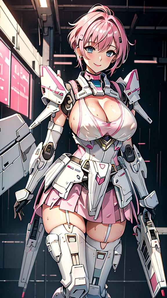 White translucent armor,Arm mecha,Short pink hair,wavy hairstyle,Large Breasts,Cleavage,Pistol hanging from waist,fighter pilot,fighter hangar,Sexy,Lipstick,Gray eyes,stockings,Short skirt,Smile,earrings,Lipstick,Soaked all over,Nipple exposure,