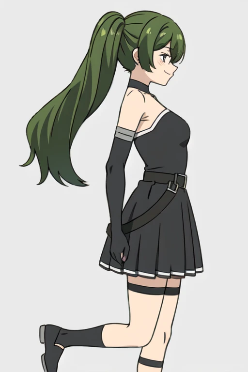 ((Best quality))),((Ultra-detailed)),((illustration)),((Disheveled hair)),((frilld)),(1 girl),(Solo),((Best quality))),((Ultra-detailed)),((illustration)),((Disheveled hair)),((frilld)),(1 girl),(Solo), 1girl, arms behind back, bangs, bare shoulders, belt, black dress, black legwear, breasts, dress, elbow gloves, full body, gloves, green hair, grey background, long hair, medium breasts, simple background, sketch, smile, solo, standing, standing on one leg, purple eyes, from side,Right side ponytail,