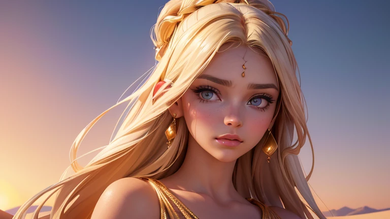 a beautiful desert princess, 1girl, detailed face, mesmerizing eyes, long eyelashes, elegant facial features, flowing white dress, desert landscape, golden sand dunes, orange sunset sky, warm lighting, cinematic composition, fantasy art, digital painting, (best quality,4k,8k,highres,masterpiece:1.2),ultra-detailed,(realistic,photorealistic,photo-realistic:1.37)