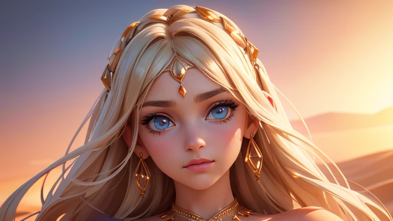 a beautiful desert princess, 1girl, detailed face, mesmerizing eyes, long eyelashes, elegant facial features, flowing white dress, desert landscape, golden sand dunes, orange sunset sky, warm lighting, cinematic composition, fantasy art, digital painting, (best quality,4k,8k,highres,masterpiece:1.2),ultra-detailed,(realistic,photorealistic,photo-realistic:1.37)