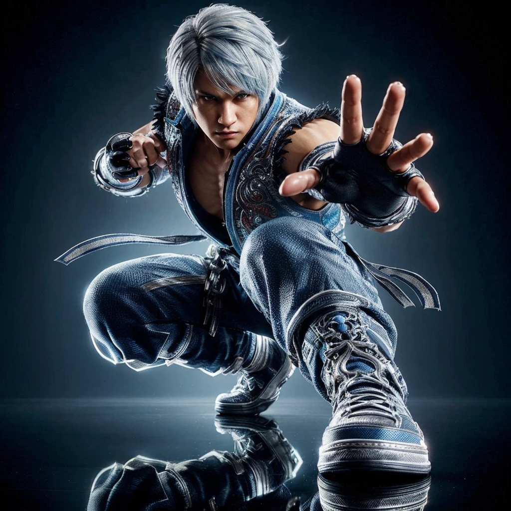 HDR+, ornate details, full body view, a man wearing Tekken game style clothing, silver hair with blue highlights, in defensive pose, surface reflection, extending one arm forward, determined gaze, 3/4 angle view, very detailed