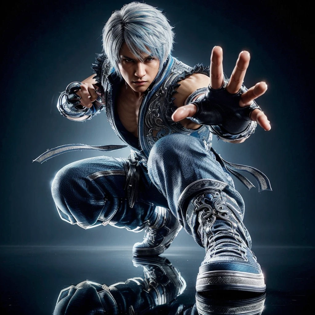 HDR+, ornate details, full body view, a man wearing Tekken game style clothing, silver hair with blue highlights, in defensive pose, surface reflection, extending one arm forward, determined gaze, 3/4 angle view, very detailed