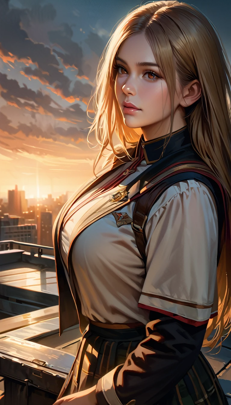 A young 18 year old student, on the school rooftop, wearing a uniform, with large breasts and a large butt, sexy, highly detailed, realistic, photorealistic, 8k, ultra-detailed, hyper-realistic, intricate details, sharp focus, masterpiece, volumetric lighting, chiaroscuro, cinematic lighting, dramatic lighting