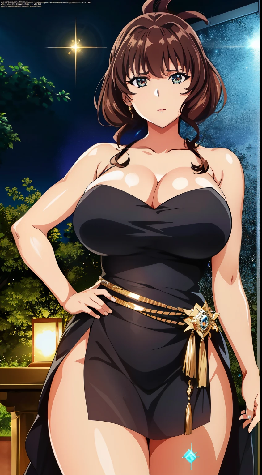 1 girl,alone,Aiko Katsuragi,adult,brown hair,bangs,big breasts,( sparkly dress, shiny dress, thighs),
beautiful Finger,beautiful long legs,beautiful body,beautiful character design, perfect eyes, Perfect face,expressive eyes, looking at the viewer, in the center of the image,cowboy shot,(whole body_body), official art,High Definition CG Unity, Perfect lit, bright_front_face_lit, (table top:1.0),(Highest_quality:1.0),4k,Super detailed, photograph, 8K, nffsw, High resolution, absurd:1.2, kodak portrait 400, film grain, Lens flare, (lively_color:1.2) (beautiful, large breasts:1.4), (beautiful_face:1.5),(narrow_waist),