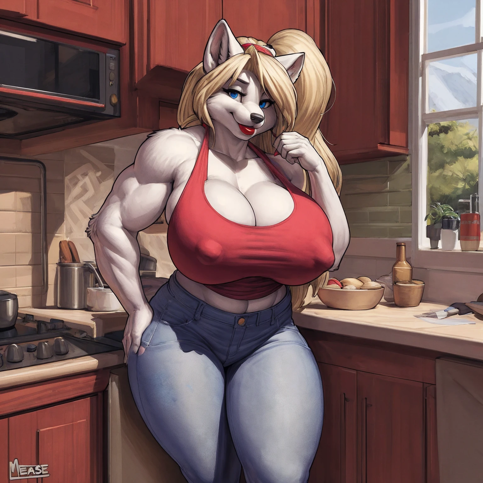 by darkgem, by duase, by kevinsano, by meesh, soft figure, curvy, arctic fox, white fur, female, athletic figure, furry body, wide hips, thick thighs, big arms, (huge breasts:1.1), heavy breasts, nipple outline, blue eyes, highly detailed eyes, blonde hair, long hair, hair bun, milf, tank top, bare midriff, cleavage, large areolae, big bottom lip, red lipstick, (low jeans:1.4), bare midriff, visible thong straps, Masterpiece, best quality, absurd res, highly detailed, cleanly drawn eyes, anthro only, kitchen environment, motherly smile, standing upright, trailer trash,