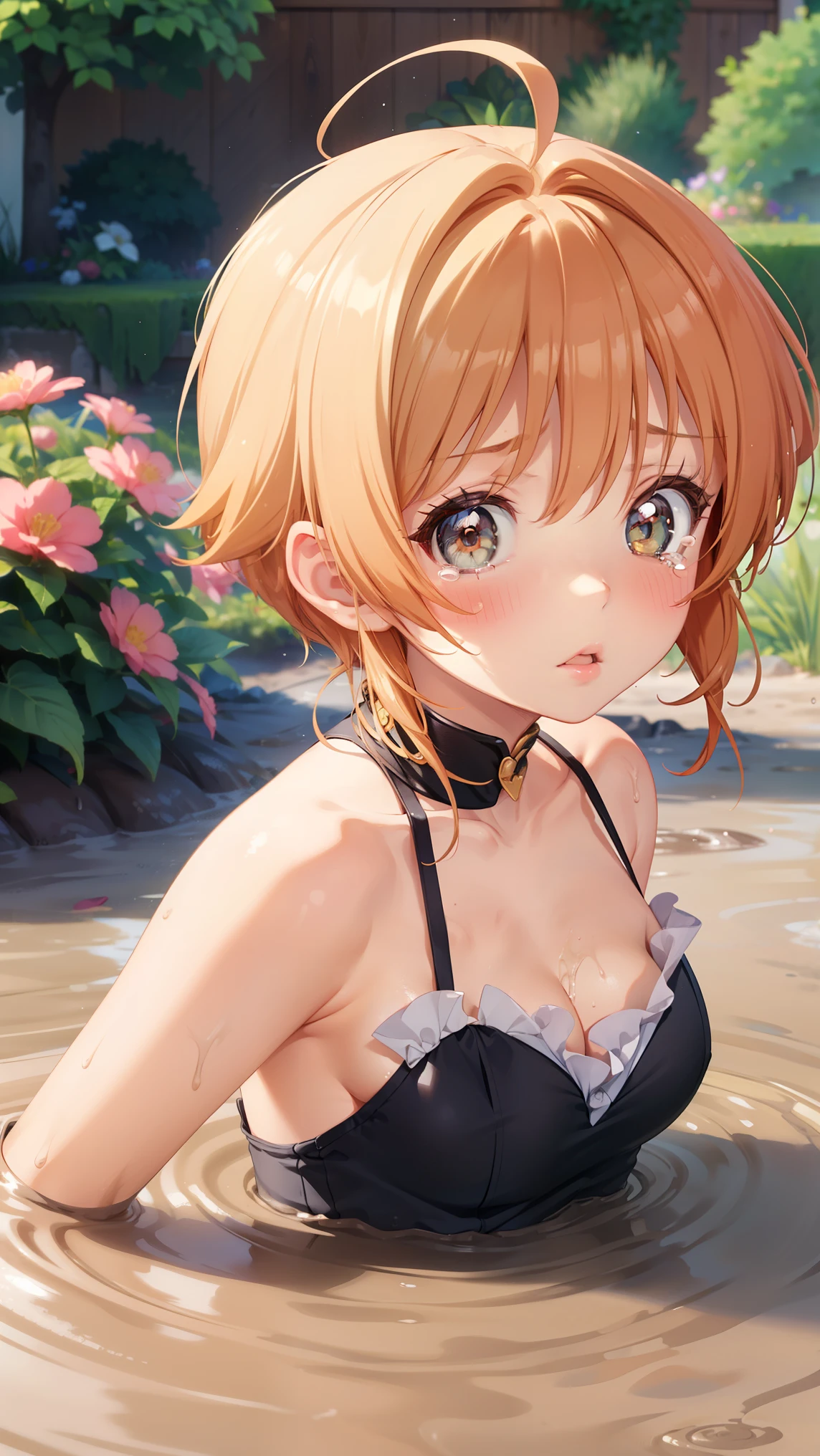 masterpiece, best quality, highres, 1girl, detailed face, blush, anime CG style, ((medium breasts)), (18 year old girl:1.3), (aged up), good lighting, perfect body, sakura kinomoto, glossy lips, looking at viewer, garden, (sinking in mud), ballerina, upset, tears in her eyes, (tutu partially submerged:0.8)