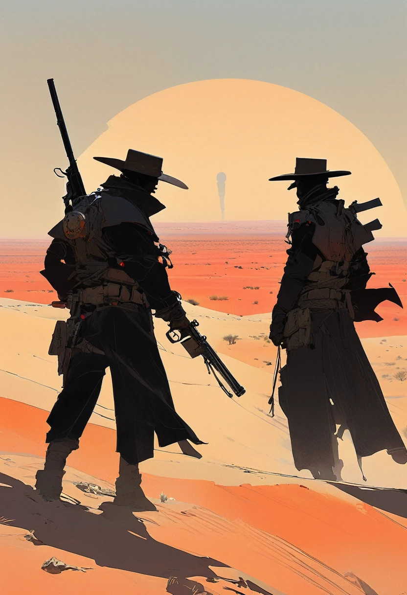Two gunslingers dueling in the desert, Desert, red sun, scorching sun, arid, silhouette, black clothes, Horizon, far away, Jakub Rebelka style