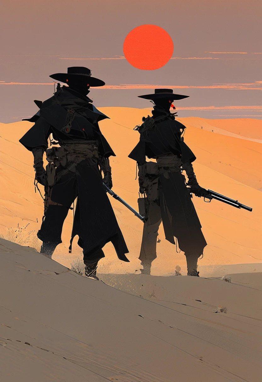 Two gunslingers dueling in the desert, Desert, red sun, scorching sun, arid, silhouette, black clothes, Horizon, far away, Jakub Rebelka style