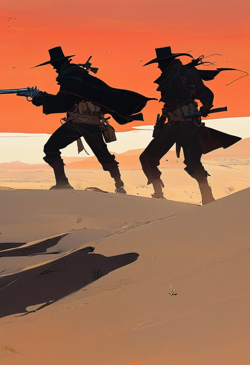 Two gunslingers dueling in the desert, Desert, red sun, scorching sun, arid, silhouette, black clothes, Horizon, far away, Jakub Rebelka style