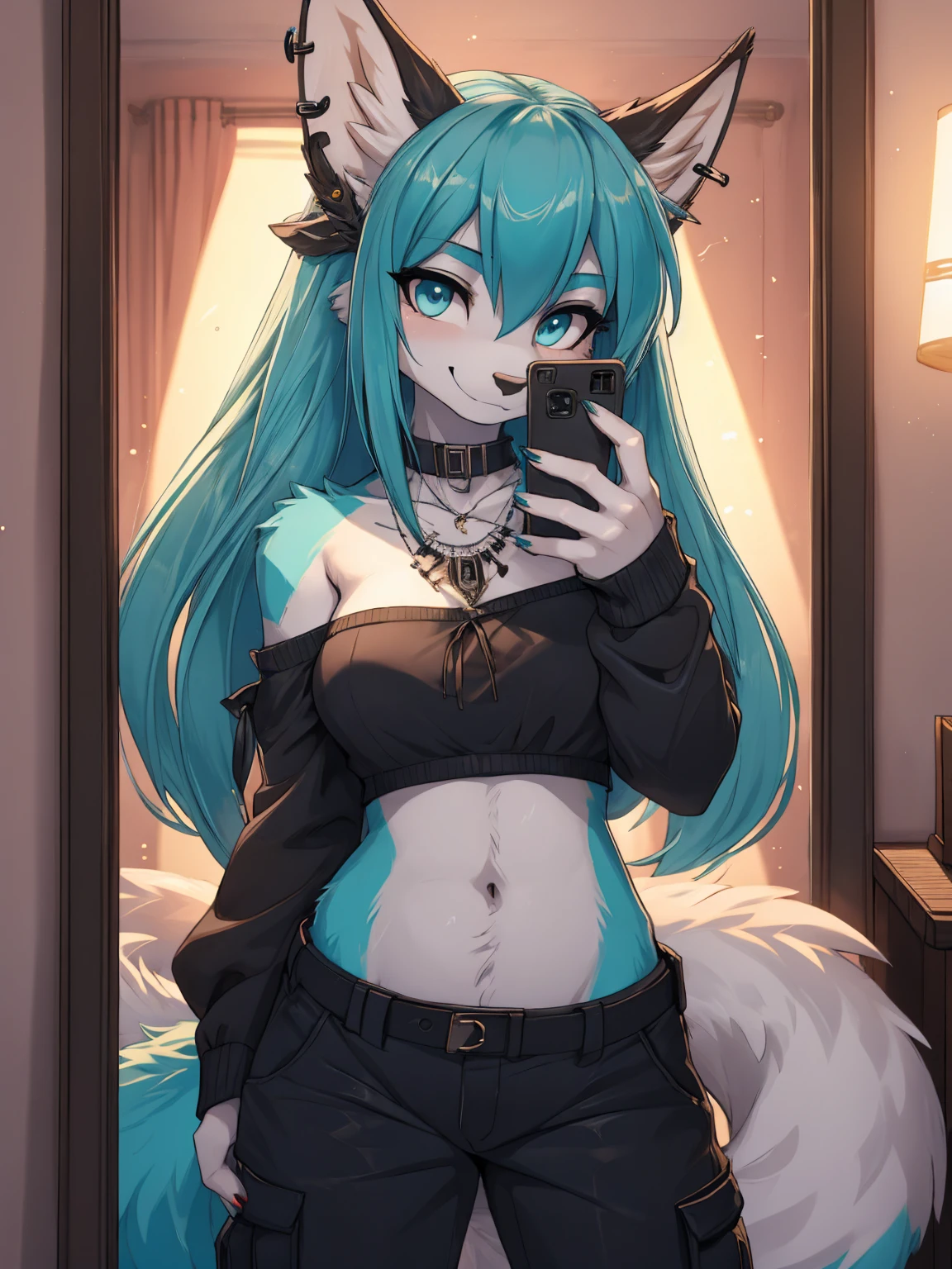 Miku Hatsune, add high definition_detail:1, blue fur,kitsune ears, tribal tattoo add_detail:1,pose in bed, scoating position during a full moon showing off her beautiful figure and her outfit (black blouse bare shoulders, he pulls down his pants with one hand, while biting the.Other ) sweaty body add_details:1, smiling add_detailsl:1, ear piercing add_detail:1