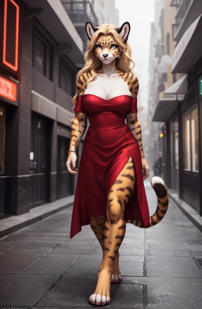 (exotic feline female:1.2)gazing at viewer, looking intrigued, detailedeyes, big breasts covered, wearing an elegant red dress, long blonde curly hair, skin detailed, realistic penalties, colored fur, (walking around the city:1.2), photo realist, detailed back ground, music fiction theme, GOD_ex, (Mass Effect:0.6),