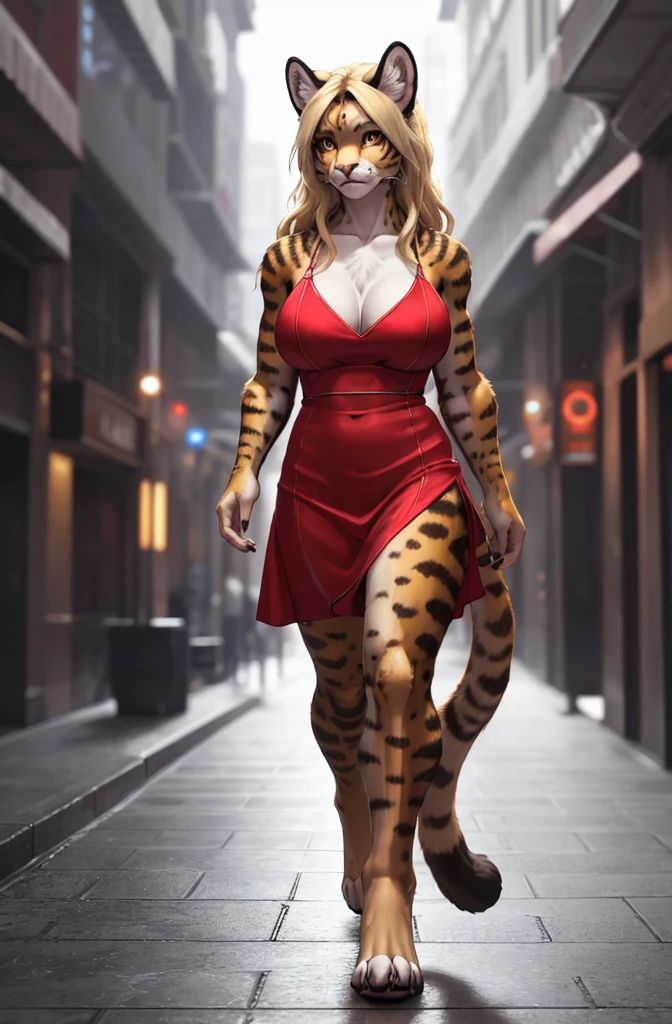  (exotic feline female:1.2)gazing at viewer, looking intrigued, detailedeyes, big breasts covered, wearing an elegant red dress, long blonde curly hair, skin detailed, realistic penalties, colored fur, (walking around the city:1.2), photo realist, detailed back ground, music fiction theme, GOD_ex, (Mass Effect:0.6),  