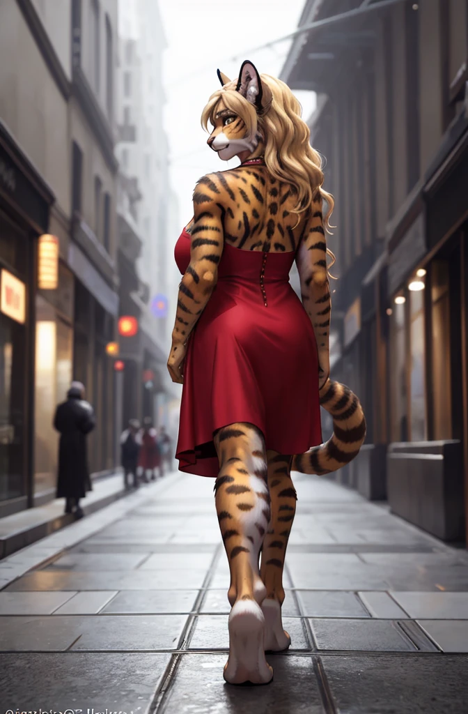  (exotic feline female:1.2)gazing at viewer, looking intrigued, detailedeyes, big breasts covered, wearing an elegant red dress, long blonde curly hair, skin detailed, realistic penalties, colored fur, (walking around the city:1.2), photo realist, detailed back ground, music fiction theme, GOD_ex, (Mass Effect:0.6),  