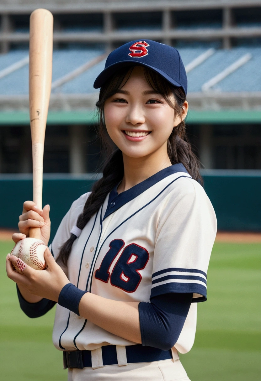 Beautiful photos of Suzuk1Air1_v2, masterpiece, Realistic, woman, detailed, 4K, Light, RAW color photos,(Completely in frame:1.1), (It gives me goosebumps:0.5),Asian,Idol,Smiling while wearing a baseball uniform,