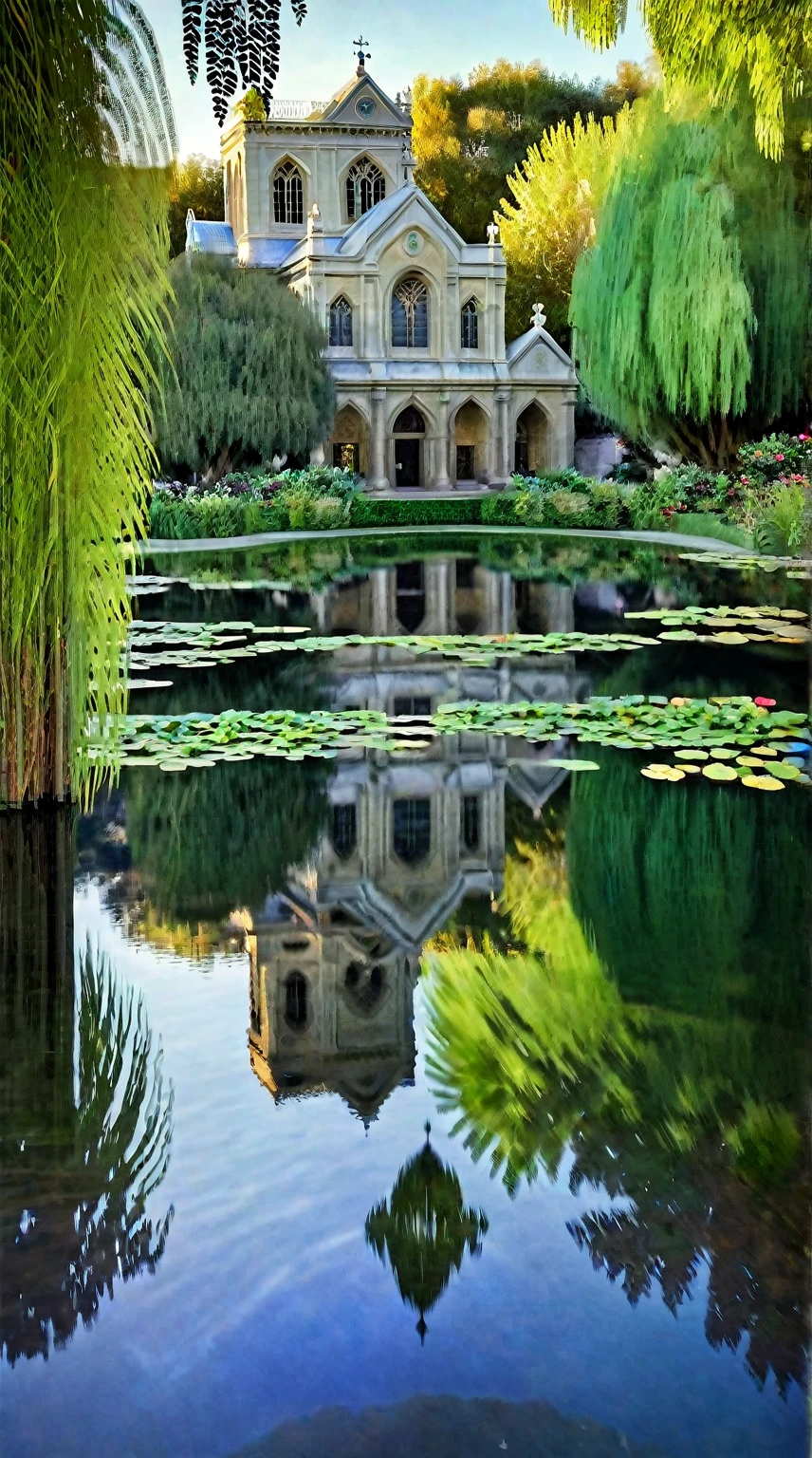 This is a Monet style painting.，Mona Lisa sculpture in the pond，Very beautiful sculpture，Western-style church，There is a reflection on the surface of the water，There are green trees on both sides of the pond，Leaves