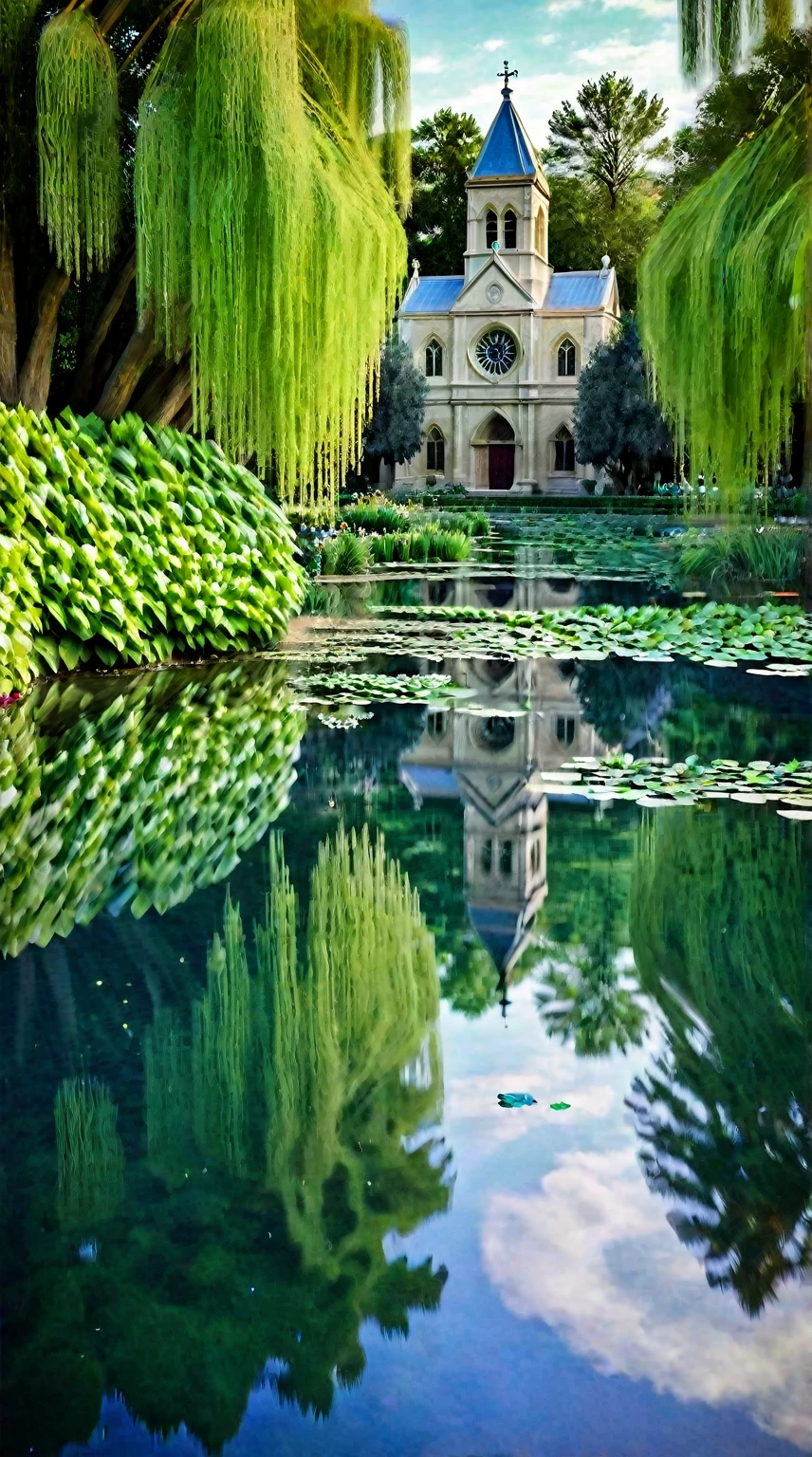 This is a Monet style painting.，Mona Lisa sculpture in the pond，Very beautiful sculpture，Western-style church，There is a reflection on the surface of the water，There are green trees on both sides of the pond，Leaves