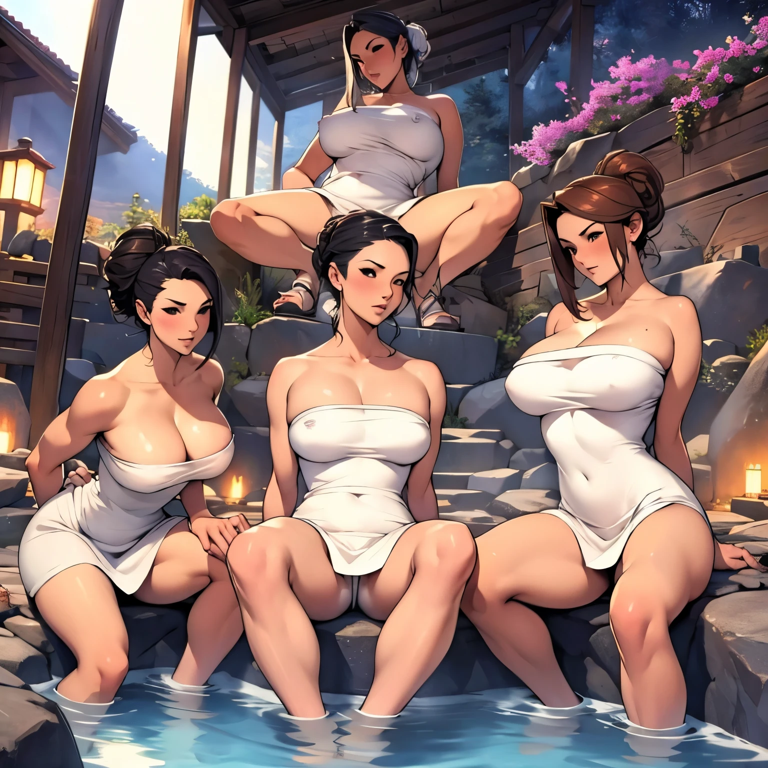 (Best Quality) multiple beautiful ladies, MILF, Mature, full body, muscular, hair up, big eyes, big breast, wide hips, wearing towel sexually, spread legs, rise up legs, in hot springs