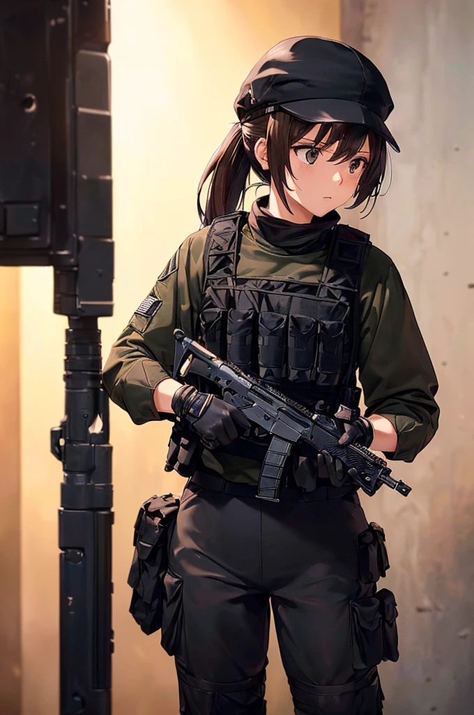 (((masterpiece; best quality: 1.2))), (finely detailed eyes: 1.3), (25 year old woman), (solo), (black eyes: 1.4), (body; toned, fit, soldier: 1.3), (silky brown hair + ponytail: 1.3), (beautiful and clear background: 1.2), ((depth of field)), (equipment: spec ops full black tactical combat-ready gear + kevlar vest + black tactical shirt + black tactical cargo pants + black gloves + black baseball cap + pouches: 1.3), (anime illustration: 1.2), (background composition; military base office: 1.1), (extremely fine and beautiful: 1.1), (shot composition; standing + centered on torso + close-up: 1.5), (expression; calm, stoic: 1.2)