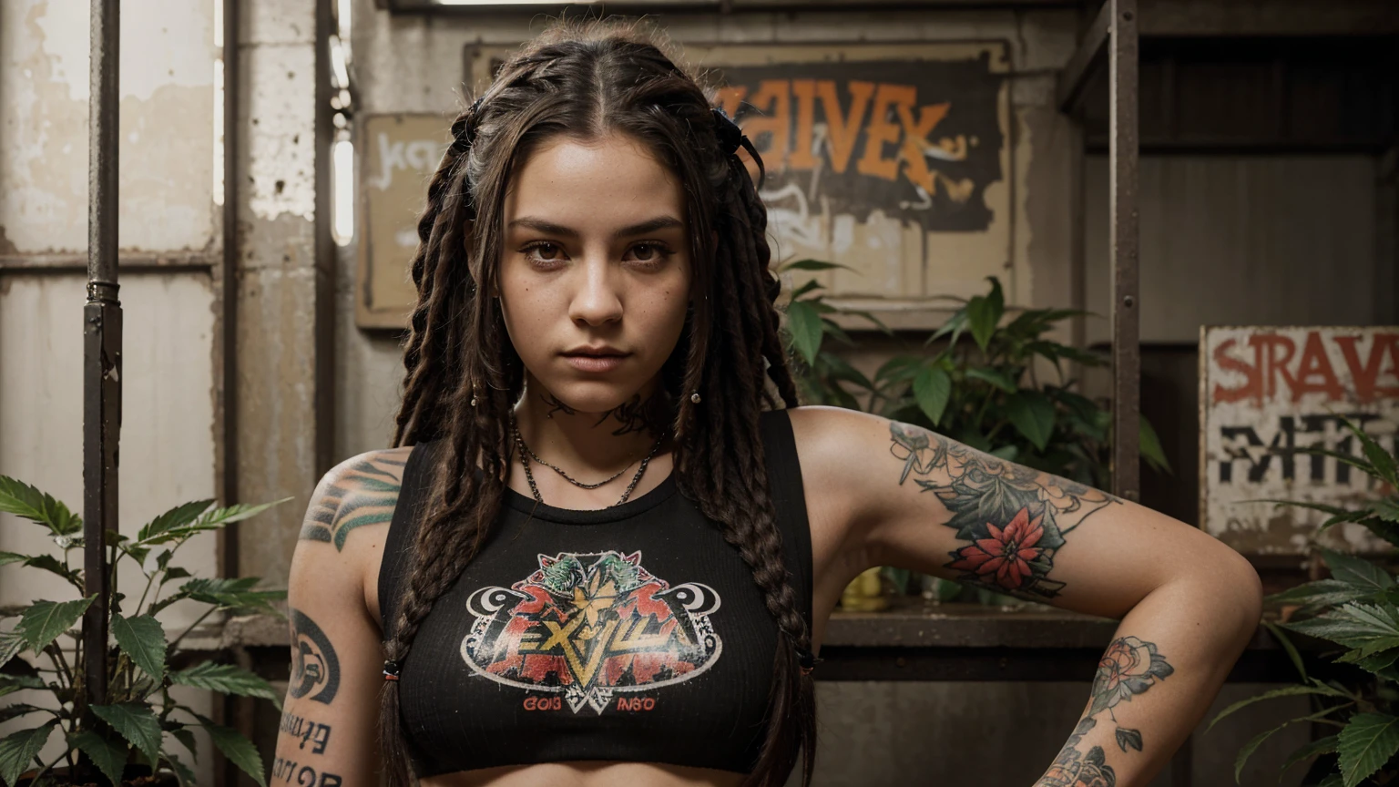 stylized artwork of soft filter. grunge filter. photorealistic. 8k. cinematic, very high resolution. maximum resolution. ultra realistic. unique beautiful face, realistic face, retro grunge photo ascetic. grunge city graffiti , sexy tattooed black-dreadlocks teen cute sexy girl, in marijuana plants buds crop, red gym outfit
