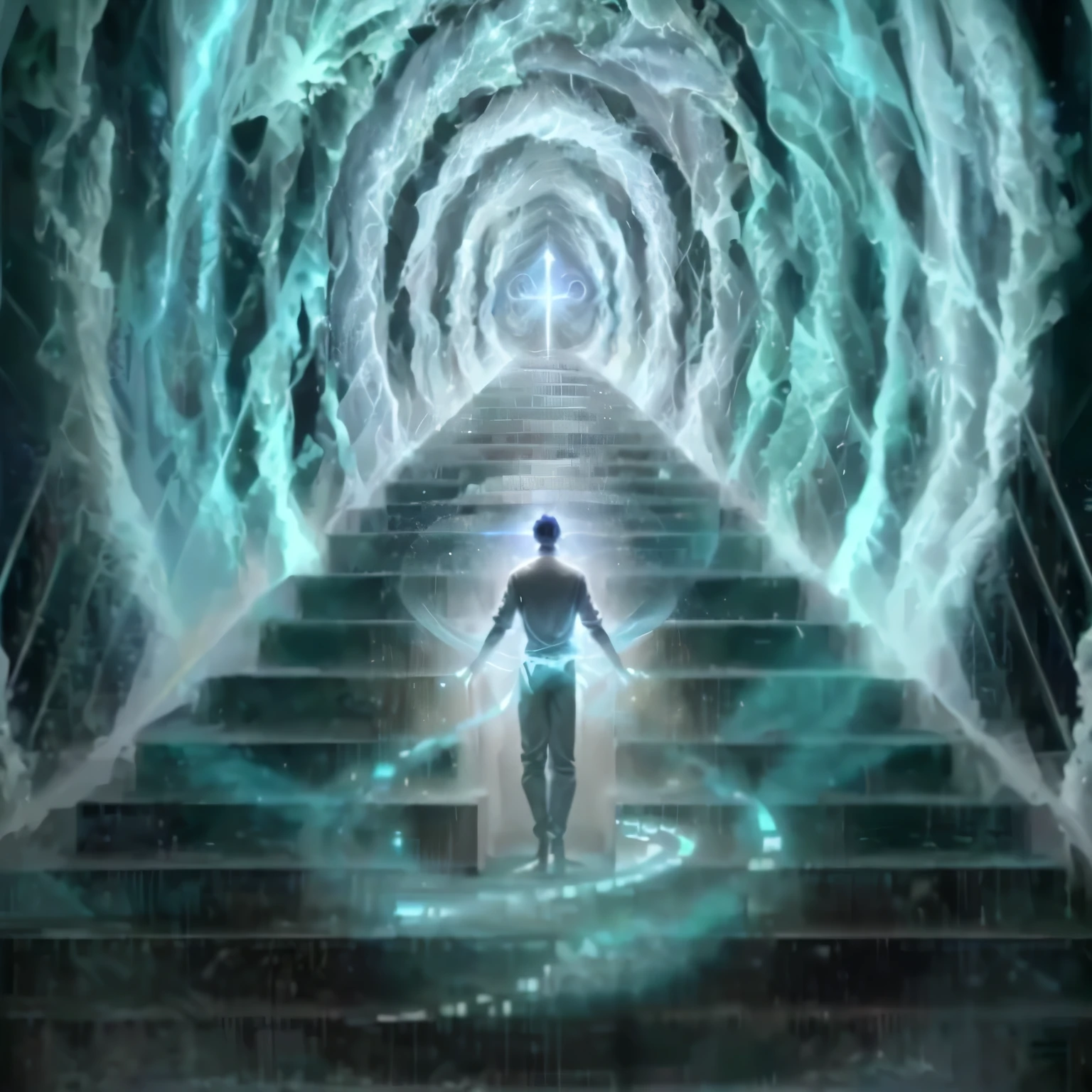 A man standing in front of a spiral staircase,Lights on the stairs, Astral Travel, A cross-dimensional existence, The soul coming out of the portal, Soul frequency, Radiate rebirth energy, Portal to the Etheric Realm, astral projection, In the Star Realm ) ) ), Open a portal to ther dimension, Entering the Etheric Realm, Infinite consciousness, Raising awareness