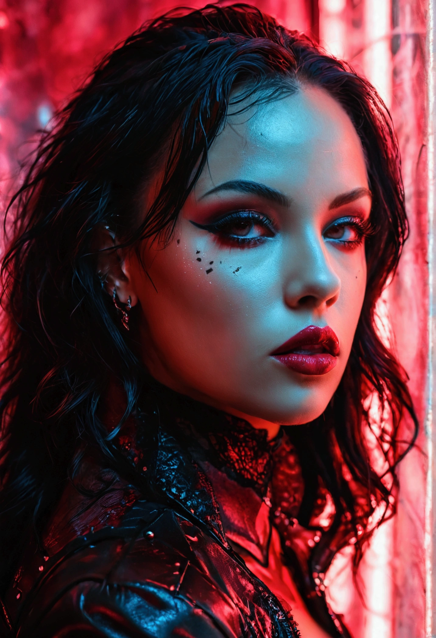 profile portrait of Liv Morgan, WWE supermodel, dark blush tones, bold makeup, sleek black hair, dramatic lighting, high-fashion photography, Victoria's Secret inspired, lace lingerie, leather jacket, edgy attitude, mysterious background, glamorous pose, bold red lips
