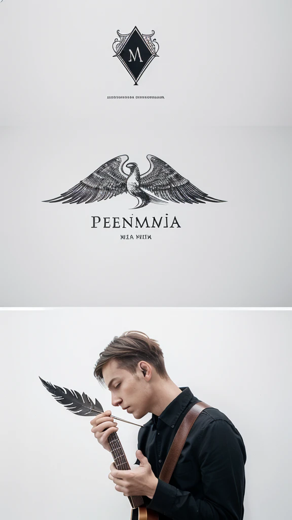 A minimal, modern, simple, cinematic logotype for the brand “Penamemoria". The logotype must be a simple, magical feather and a boy playing acoustic guitar. The logo must convey a sense of music, stories and dreams. Logo design impressed on a book cover. Minimalistic logo