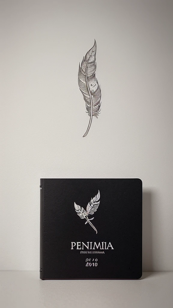 A minimal, modern, simple, cinematic logotype for the brand “Penamemoria". The logotype must be a simple, magical feather and a boy playing acoustic guitar. The logo must convey a sense of music, stories and dreams. Logo design impressed on a book cover. Minimalistic logo