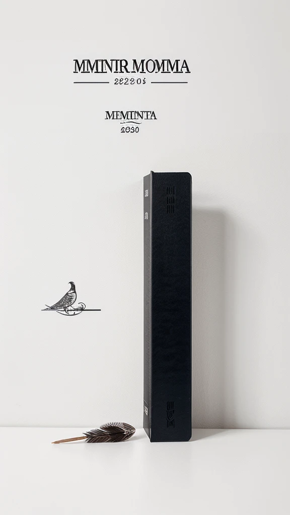 A minimal, modern, simple, cinematic logotype for the brand “Penamemoria". The logotype must be a simple, magical feather and a boy playing acoustic guitar. The logo must convey a sense of music, stories and dreams. Logo design impressed on a book cover. Minimalistic logo