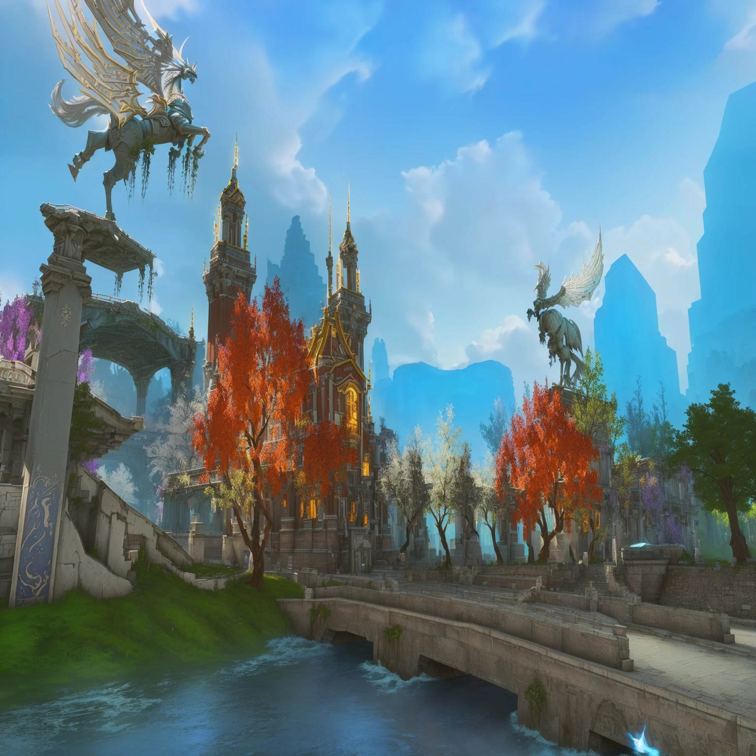 there is a bridge with a statue and a building in the background, world of warcraft screenshot, colorful warcraft architecture, kings row in the background, from wow, ingame image, beautiful screenshot, in world of warcraft, from world of warcraft, world of warcraft art style, inspired by Sheng Maoye, zenithal view, inspired by Ju Lian, stunning screenshot