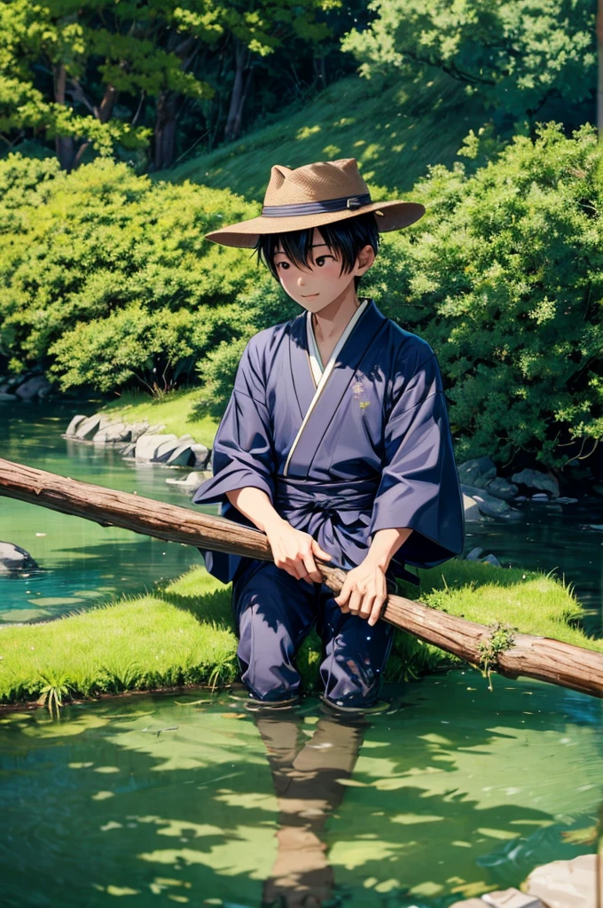 A Japanese boy with hat sitting on grass fishing and surrounded with water and full of green trees, tree shadows falling on him, detailed boy, detailed grass, detailed trees, detailed water, detailed hat, detailed shadows, best quality, highly detailed, masterpiece, 8k scene.