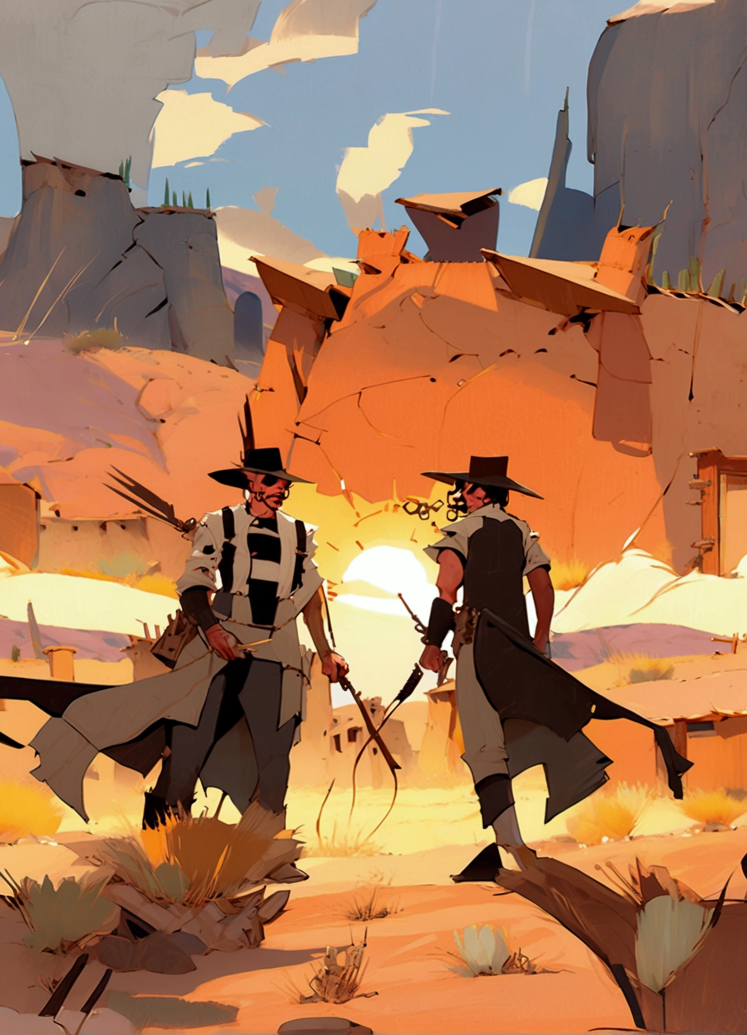 Two gunslingers dueling in the desert, Desert, red sun, scorching sun, arid, silhouette, black clothes, Horizon, far away, Jakub Rebelka style