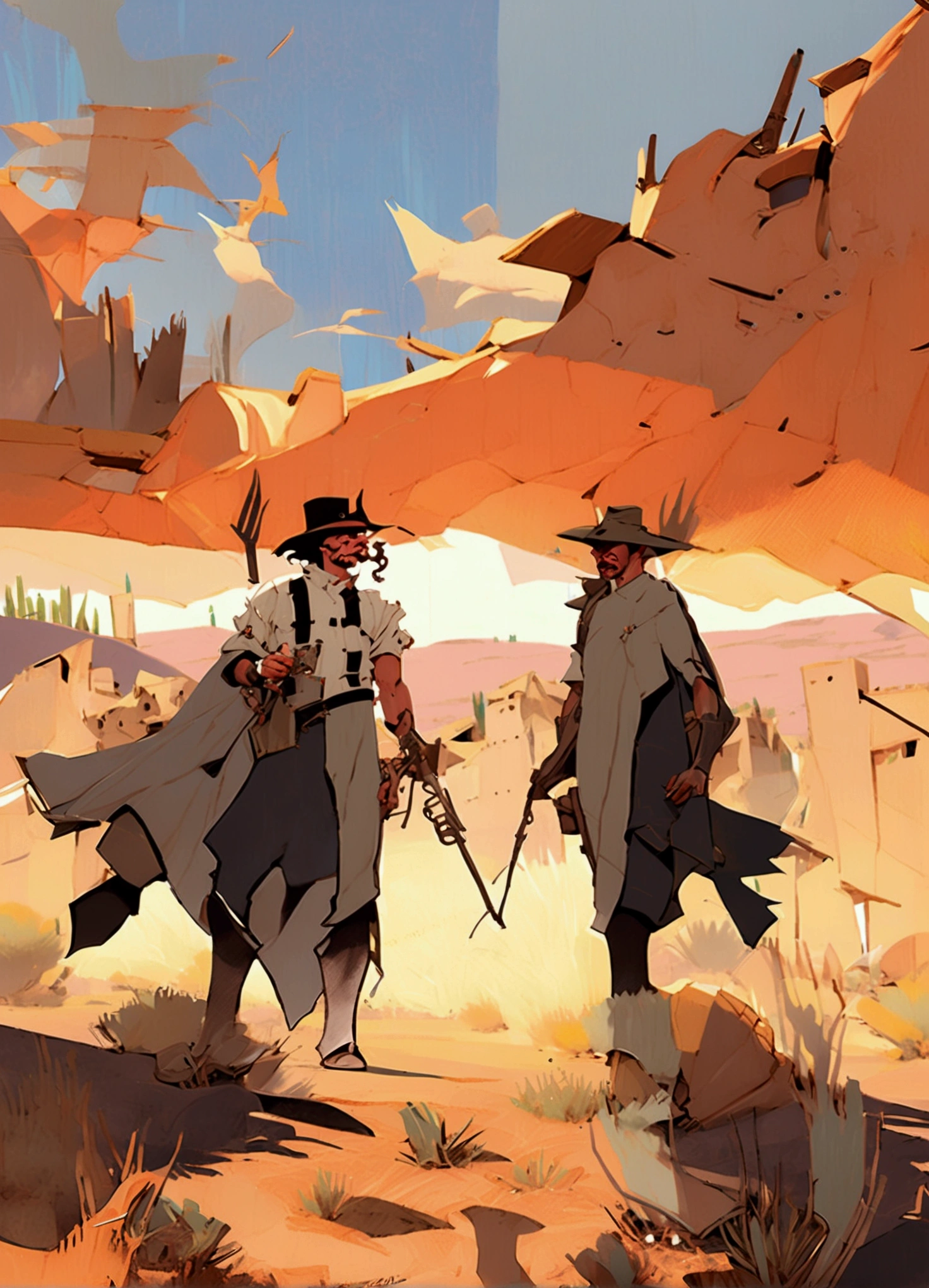 Two gunslingers dueling in the desert, Desert, red sun, scorching sun, arid, silhouette, black clothes, Horizon, far away, Jakub Rebelka style