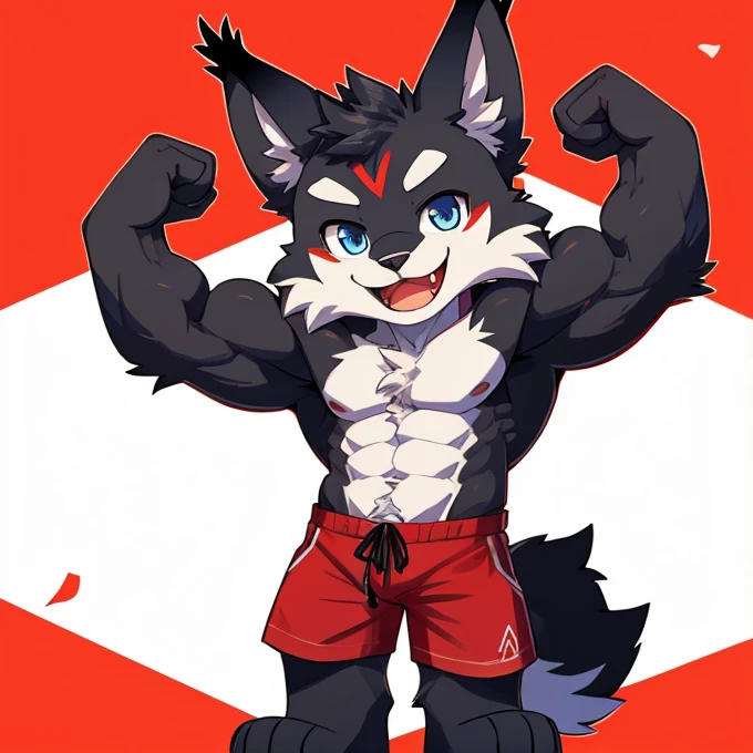 (Furry lynx cat)​, (chibi), black fur, summer shorts outfit, cute, blue eyes, red chest fluff, red eyebrows, black tail with red tip, red whiskers, happy, smlie, correct Anatomy, correct hand, ((white background))​, (Acting happy), (hands up)​, enjoy, ((front view)), full body, sexy, (flexing), (muscle), black tail, black tail red tail tip, red eyebrows, red chest hair