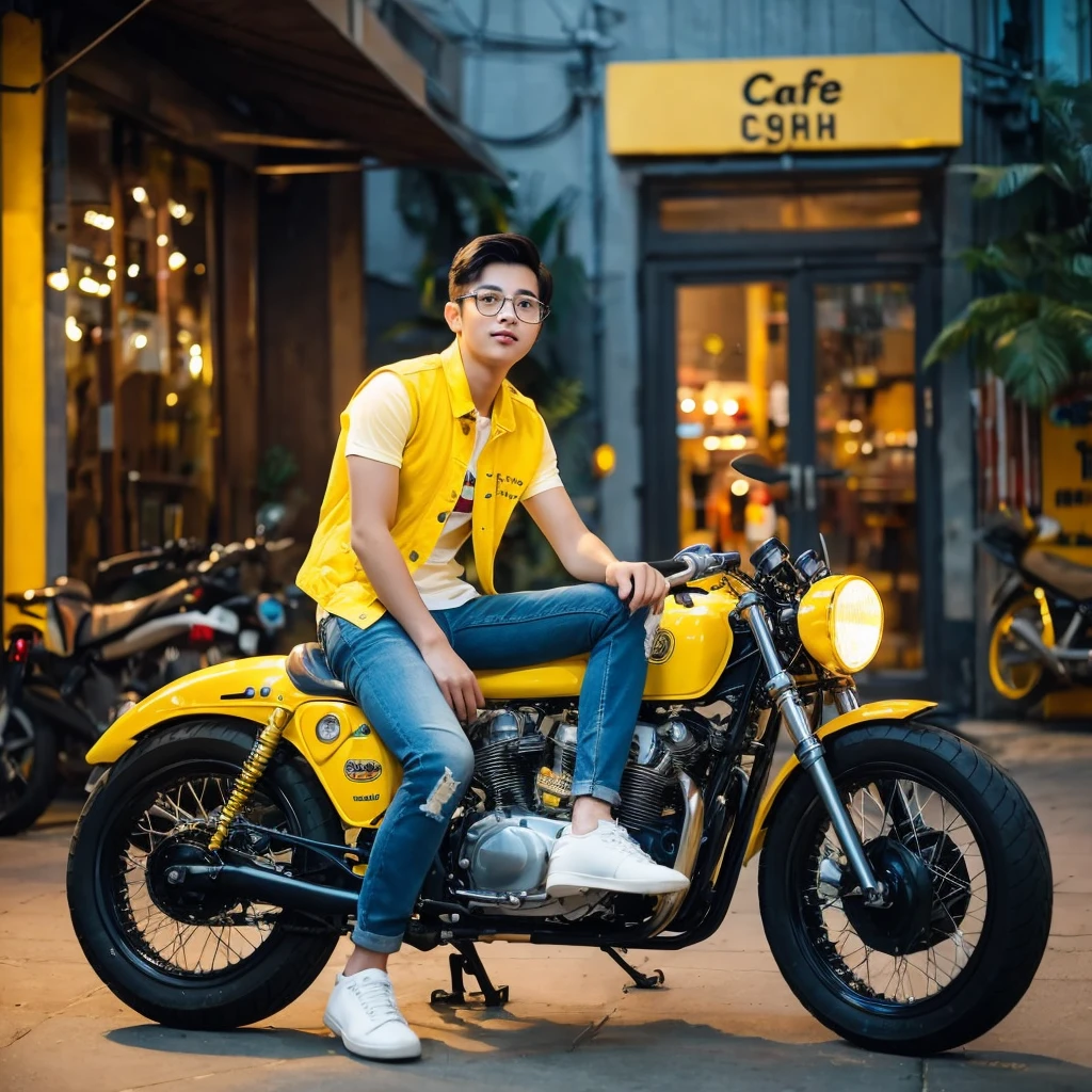Photography of a handsome Asian teenage boy, wearing transparent glasses, wearing a yellow t-shirt with jeans vest, pencil pants, white shoes, wearing a classic retro helmet by sitting on a modified café racer motorcycle, the motorcycle has huge wheels, with the background showing a café building with colorful lights, Best Quality Photo, Facial Expression Facing Camera, High Detail, Smooth Lighting, Ultra Full HD