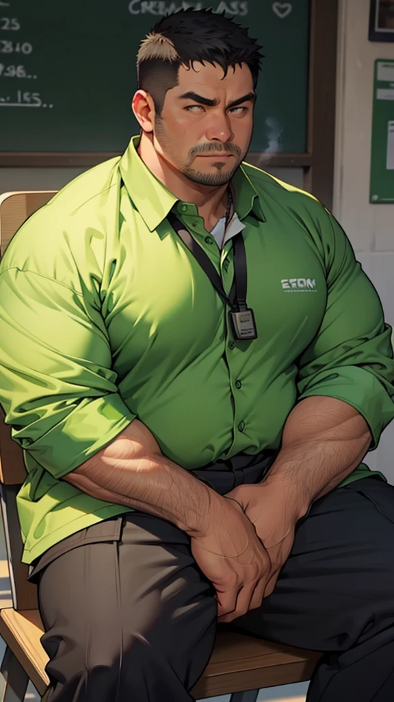 A man, fat, fat,fat,physical education teacher,very short hair, wide shirt,green jersey jacket,middle aged, masterpiece, highest quality,Sitting in a chair,black jersey trousers,round face,Wearing a whistle around his neck,