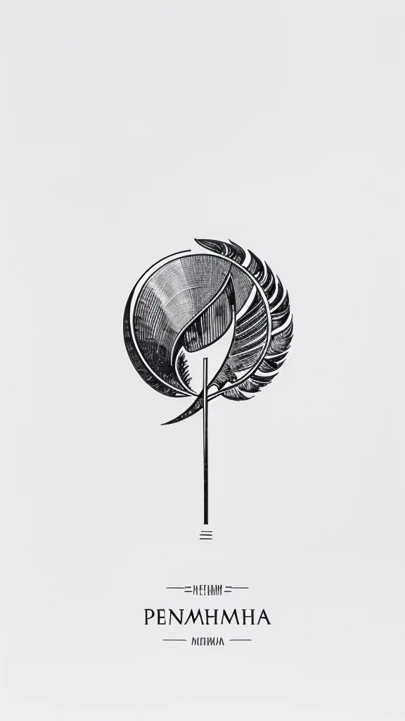 A minimal, modern, simple, cinematic logotype for the brand “Penamemoria". The logotype must be a simple, magical feather . The logo must convey a sense of music, stories and dreams. Logo design impressed on a book cover. Minimalistic logo