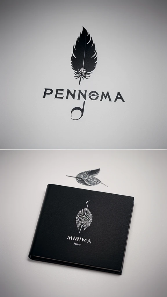 A minimal, modern, simple, cinematic logotype for the brand “Penamemoria". The logotype must be a simple, magical feather . The logo must convey a sense of music, stories and dreams. Logo design impressed on a book cover. Minimalistic logo