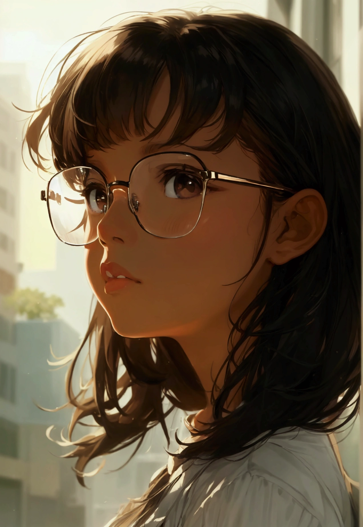 A brown-skinned girl, with long black hair with bangs falling to her eyes, black eyes with black square glasses.