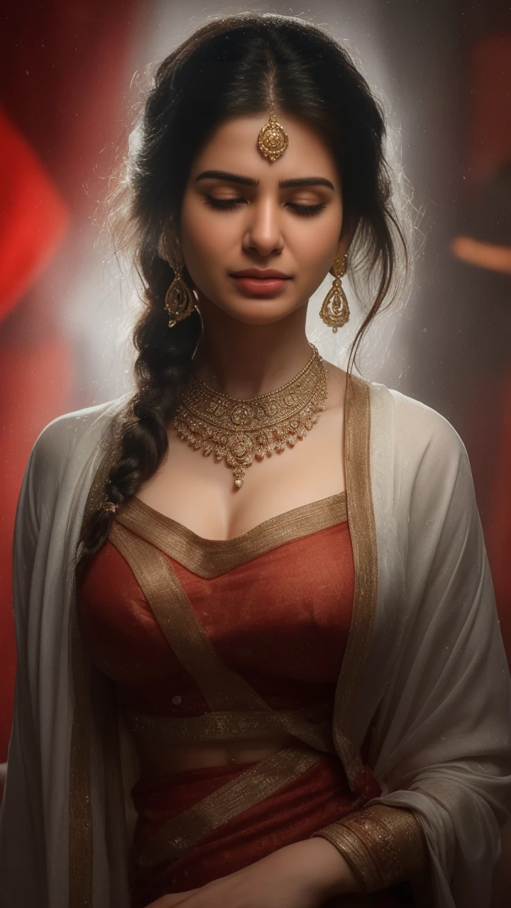 Day scene, close up photo of a sexy indian, sexy navel, deep cleavage, french braid hair, necklace, erotic face, 34 yo, look at viewer and seductive smile, (cinematic:1.3), intricate details, (ArtStation:1.2),Indian busty gorgeously prettiest lady(face lookinlike Indian actress(beautiful face, beautiful nose, beautiful eyes , beautiful lips ),((realistic Samantha facial harmony facial features lips eyes looks )), ((wearing white tight traditional saree sliver necklace waist belt bangles,red bindi on forehead )),(((huge gigantic breast)),((lying on bed)), hands behind head, showing her armpits,,((open mouth Full closed eyes groaning expression))(((pale white skin tone white skin tone snow white skin tone white skin tone snow white skin tone))),((open mouth Full closed eyes in pleasure groaning expression))