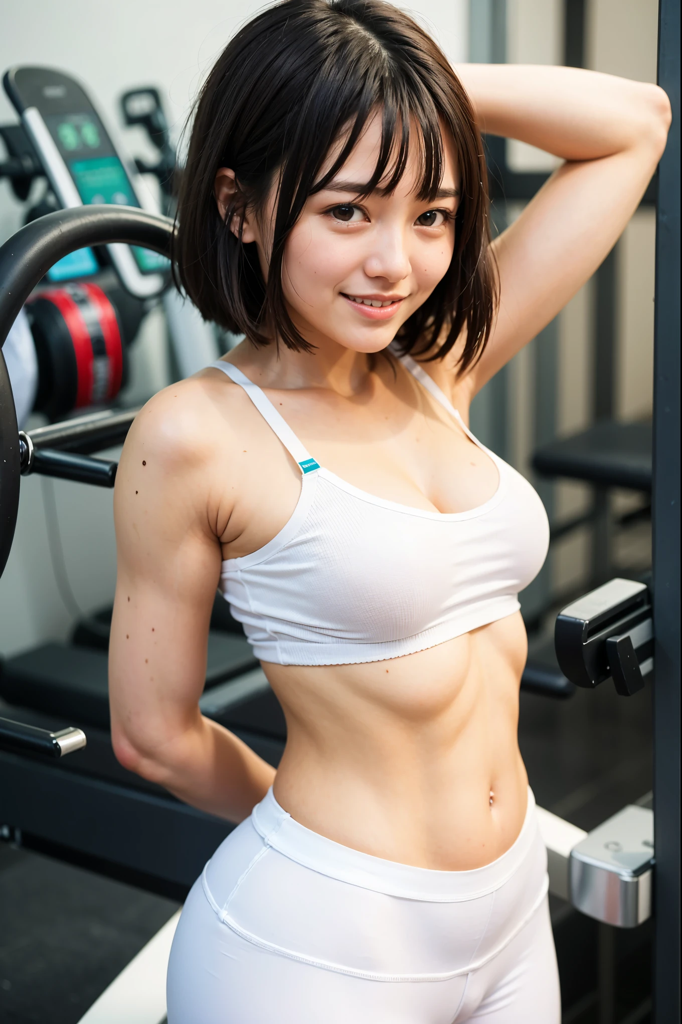 One Girl, Standing upright at the gym, ((Wearing a plain white bra and short tight pants)), Brown Hair, short hair、Tied Hair、Bright fitness gym、(Large fitness room:1.6)、Large windows、Large space、Many people々、Standard body type、D cup breasts、(smile:1.6)、Morning Scenery