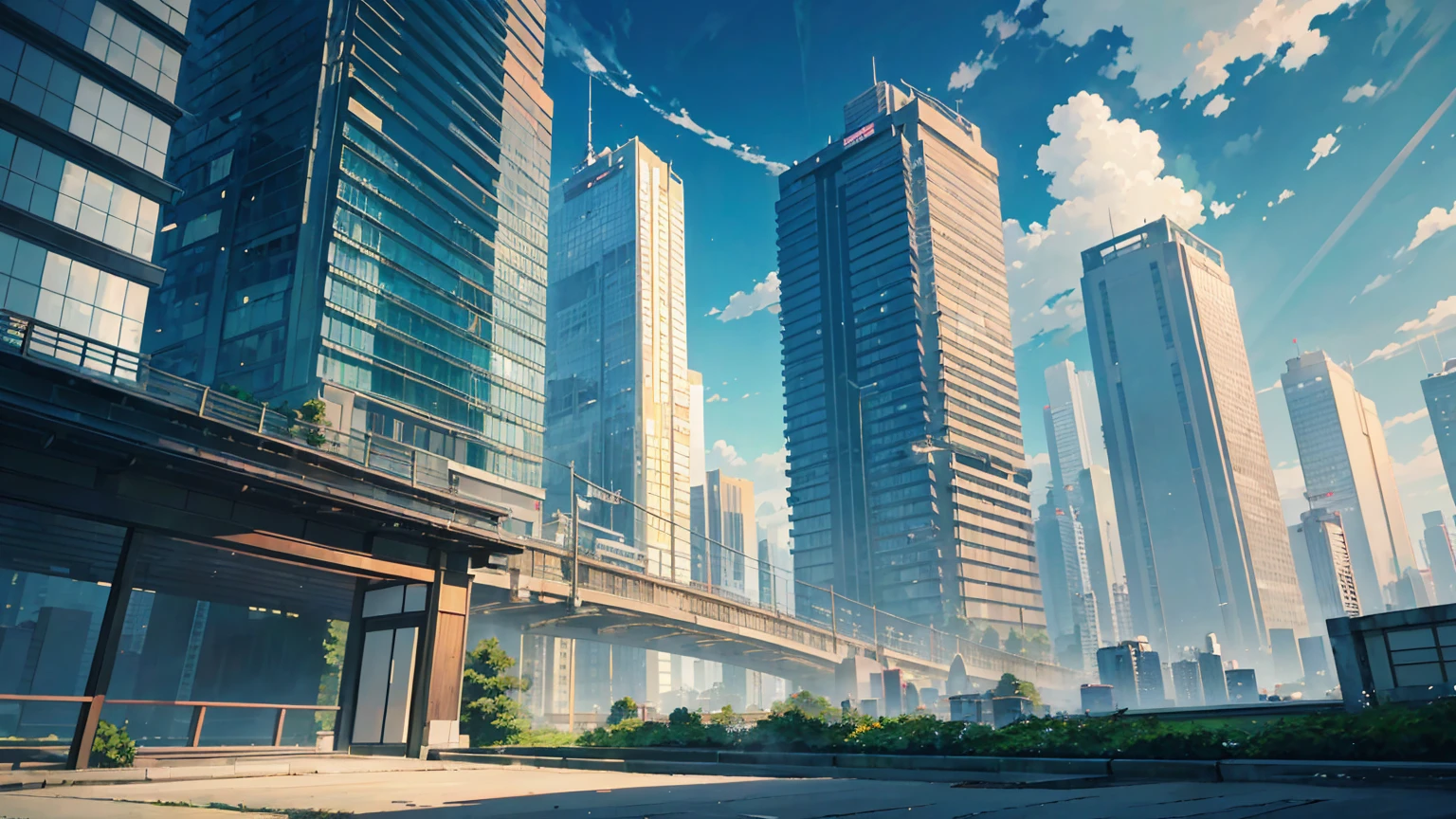(masterpiece, highest quality:1.2), highest quality, masterpiece, high resolution, anime style, urban landscape, ultra detailed, landscape illustration, realistic, beautiful cumulonimbus clouds, wide open sky, summer sky, verdant sky, ambiguous boundaries, morning glow, ((japanese contemporary landscape, Japanese carriages are running, Buildings in the background, skyscraper)), brilliant morning sun, Sunlight leaking through gaps in buildings