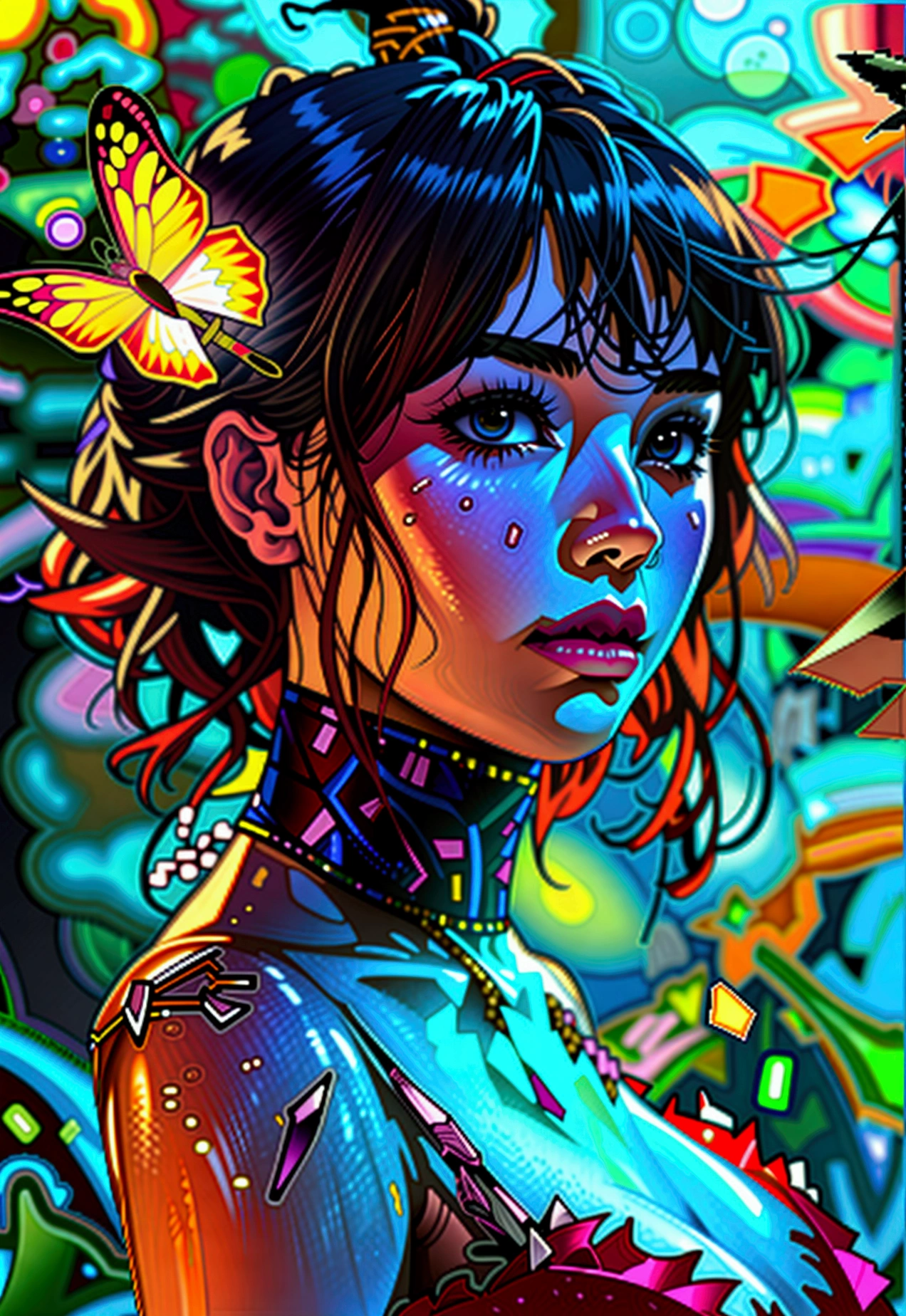 cyber mark, facial markings,Syex photos of the world's most beautiful works of art, illustration, cinematiclight, fancy, highest resolution, top quality, very detailed, best quality, masterpiece, (detailed face), Sexy mature woman wearing only panties (torn) body completion (transparent galaxy) , floating cloth, skeleton flesh, choker, glowing (Senior Crime fancy) Forest plants with neon details, 열린 shoulder, small shiny butterfly, barber jew, wearing a torn silk panty, (focus on body:1.25), night time, Little mutant animals on background, torn panty ,shoulder, Radiating magical energy, dark, Reflection of light, (((nude))), (((Big tits and ass)))