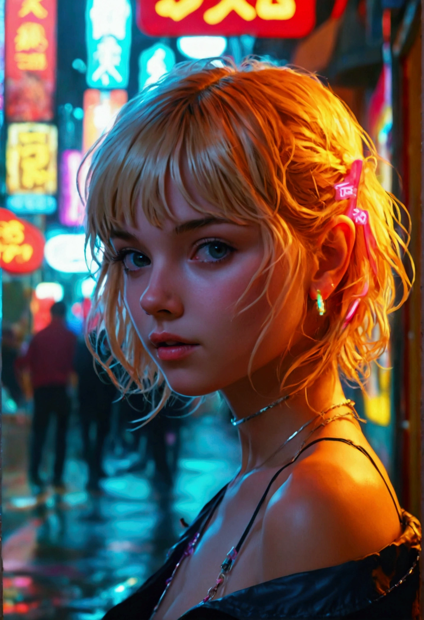 (best quality,4k,highres,ultra-detailed,realistic:1.2), a young girl, small breasts,short blond  hair with a pigtail and bangs,  flat abs, bare naked, earrings , necklace out in the street at night, neon lights and advertising, close-up portrait 