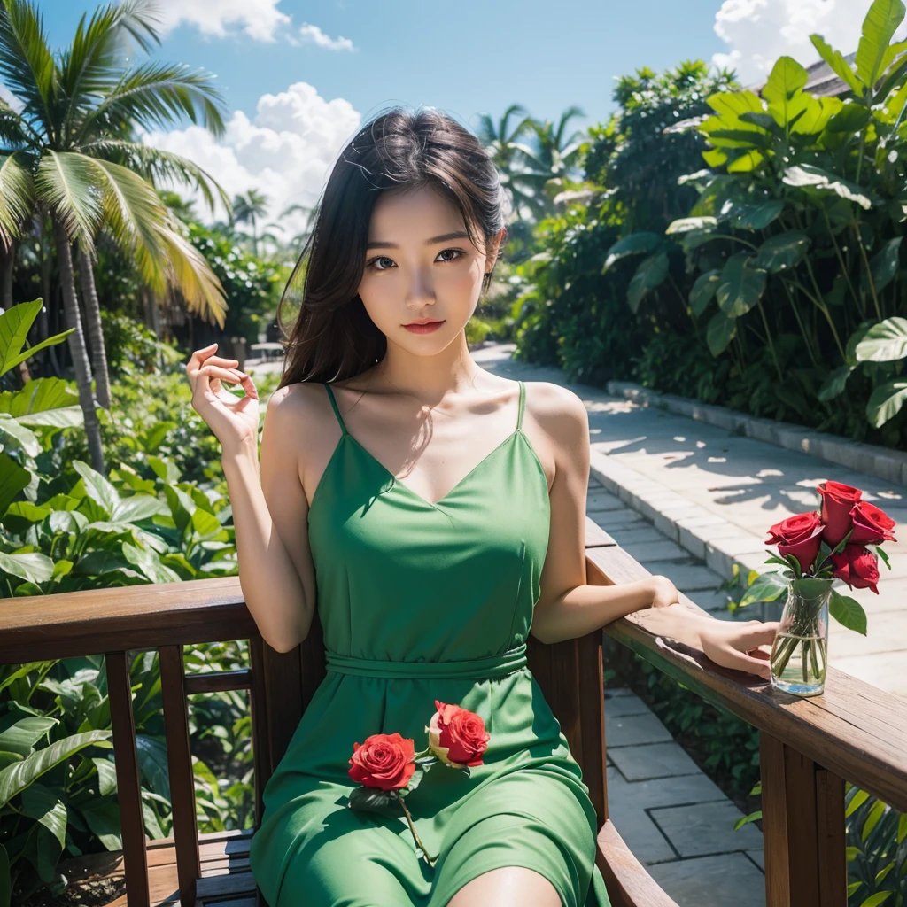 Wearing a green dress、A woman enjoying vacation at a tropical resort。With a red rose in my hand。