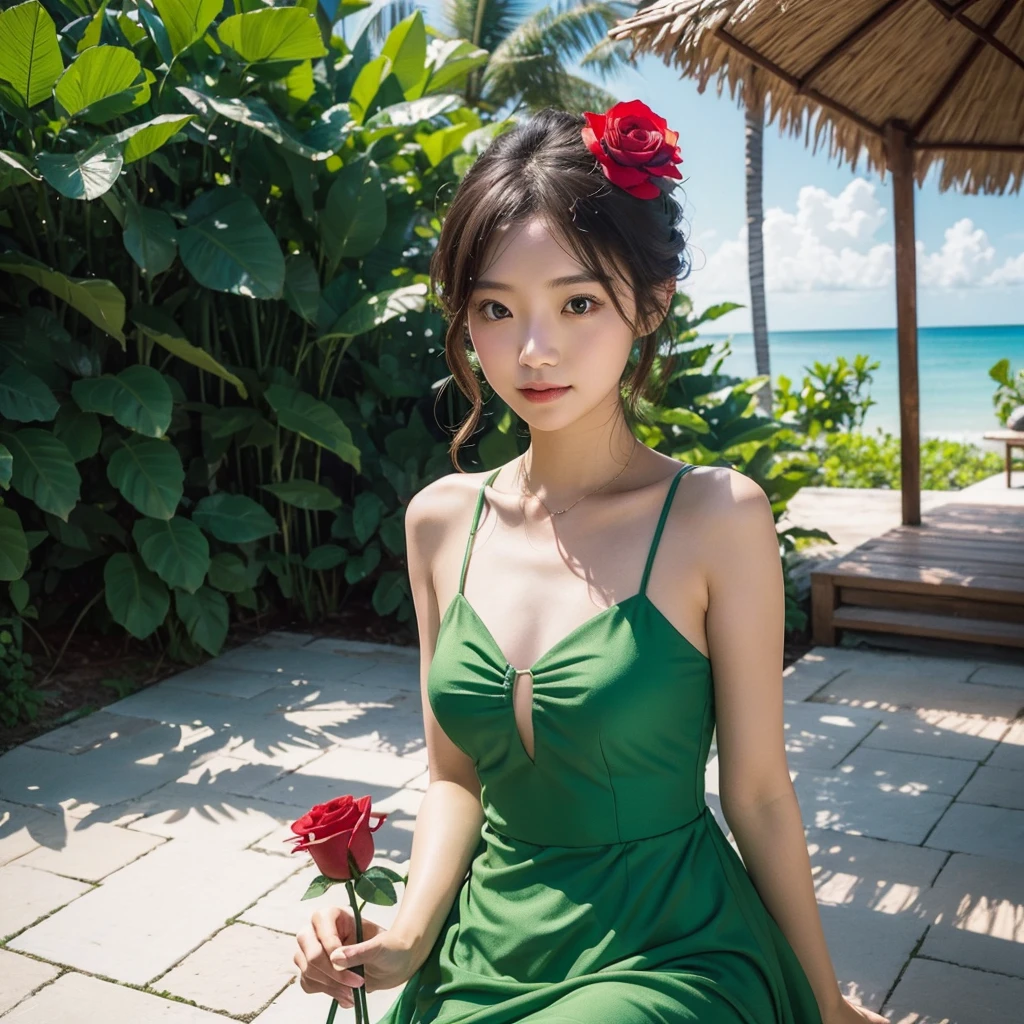 Wearing a green dress、A woman enjoying vacation at a tropical resort。With a red rose in my hand。