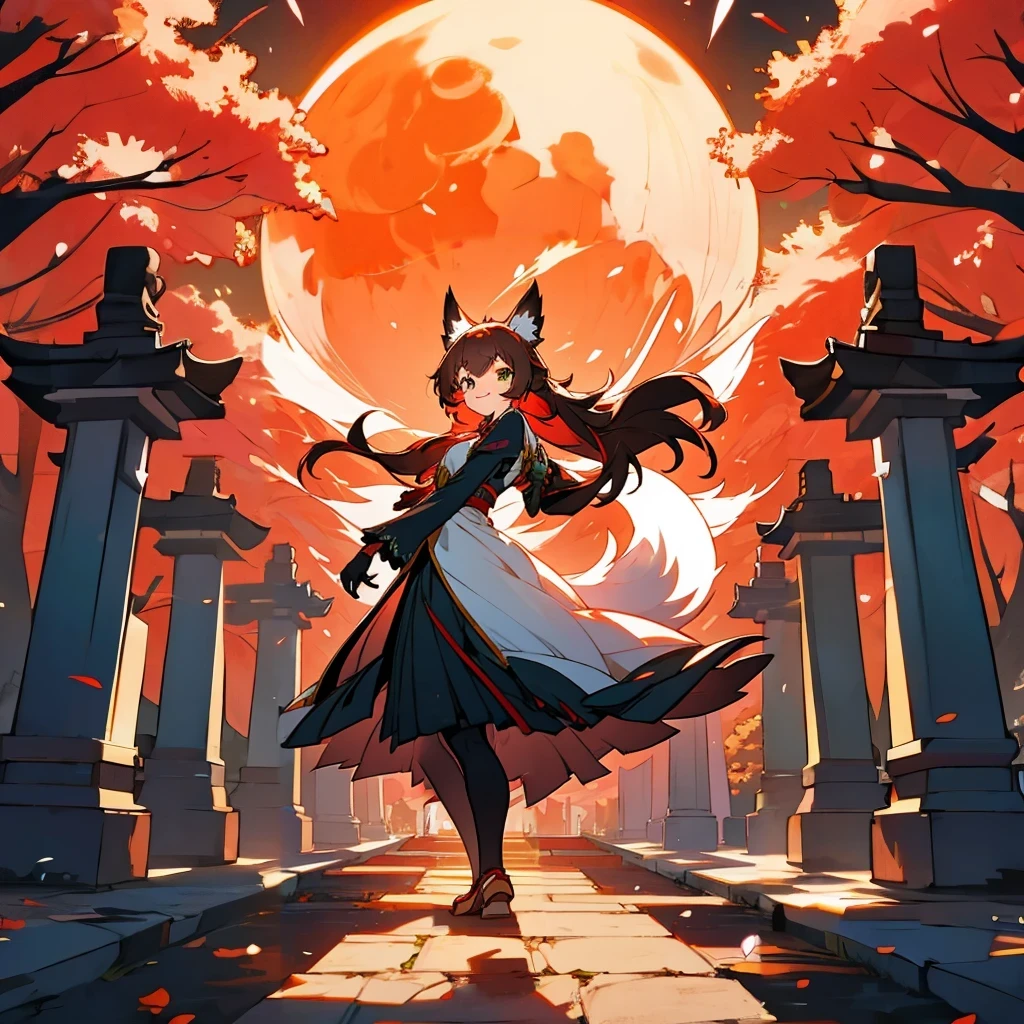 kawaii, anime, Cute, hyper quality, highly detailed, 16k, Front facing, Clarity, full body, smile, Inciting point of view, fox, A girl and a pure white fox, long brown hair, green eyes, yukata, cobblestone, red torii, A row of red torii gates, creepy laughter, worship path, cloudless dusk, Red Moon, A large number of black crows fly overhead, The black feathers of the crow are dancing, Shining big tree, Fantastic, evening, I have a pure white fox, White plum blossoms at my feet, carrying a fox, turn half your body, red sky without clouds, ominous, fox ears, wear a fox mask on your head, lined with trees, Crow wings grow on the girl's back, row of tall trees, light dances, spark effect, white kiwi flowers at my feet,
